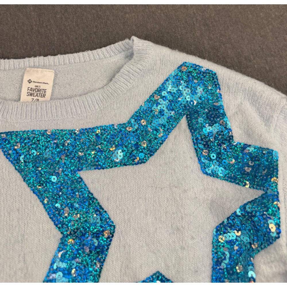 Member's‎ Mark Girls Light Blue Sequin Star Favorite Sweater Size 7/8
